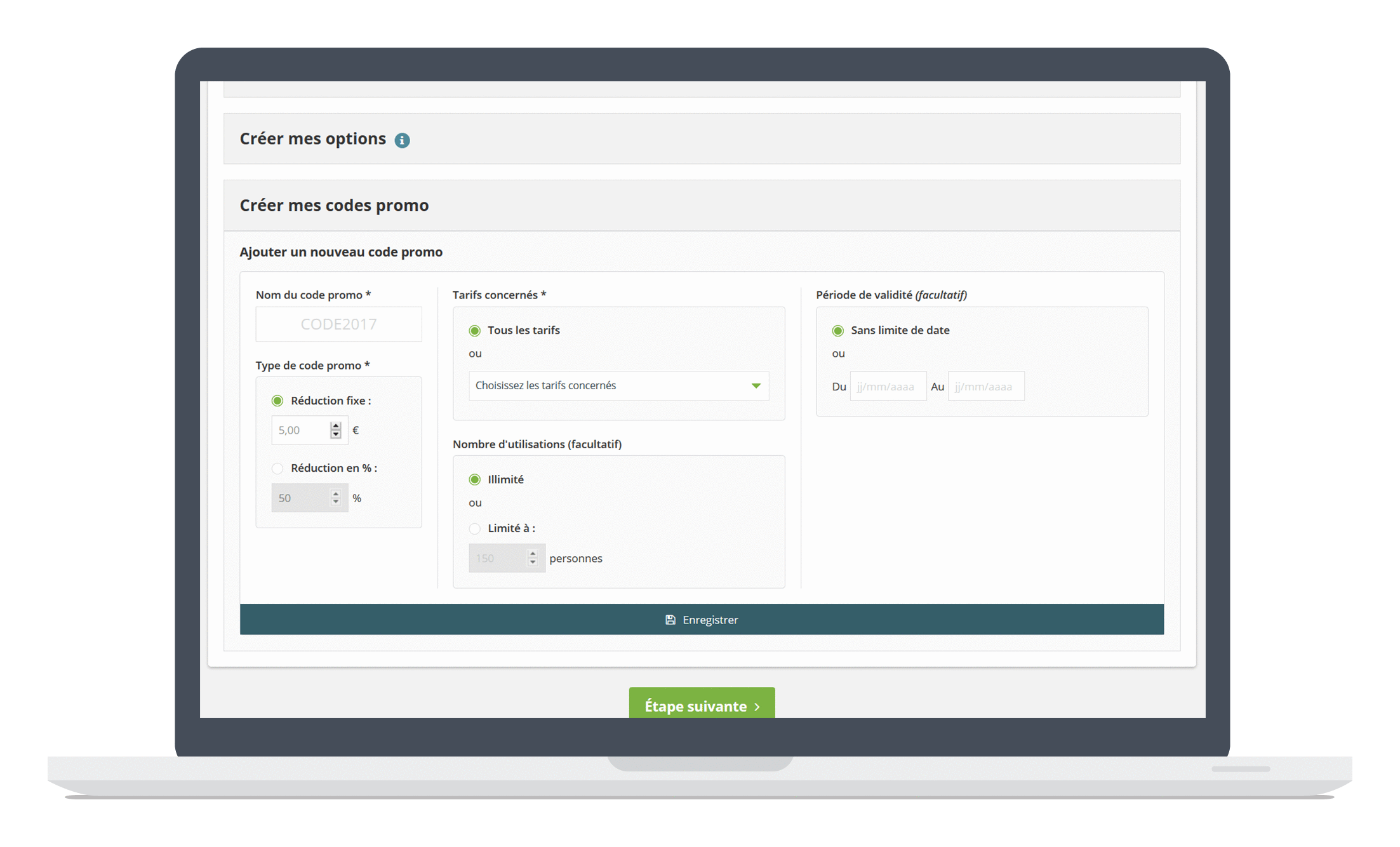 Configurez vos codes promotionnels et associez les aux billets de votre choix dans l'espace d'administration