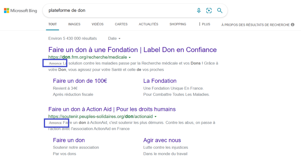 Affichage des résultats d'annonces sur BING SEA