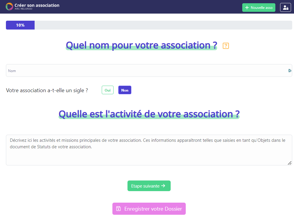 interface du site créer son association