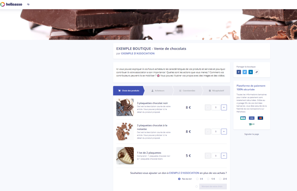 Exemple d'une boutique créée sur HelloAsso -Vente de chocolats-