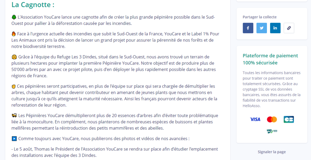 Page des objectifs de la campagne de crowdfunding de Youcare